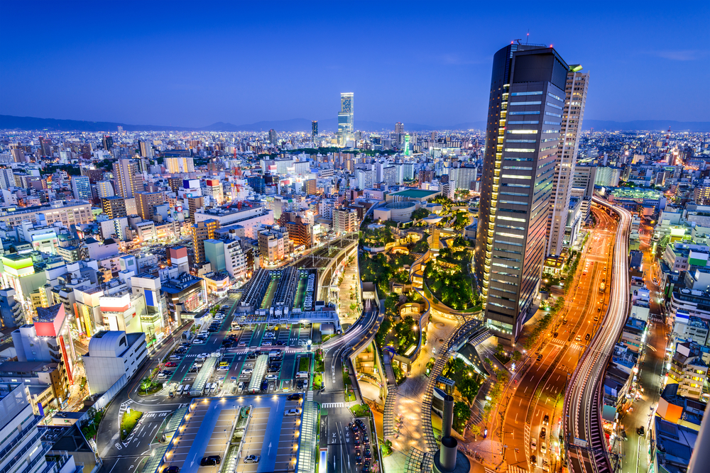 Osaka, Japan city skyline overlooking Namba District.